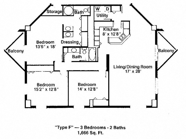 Floor plan for 3 beds, 2 baths, 1666 sqft